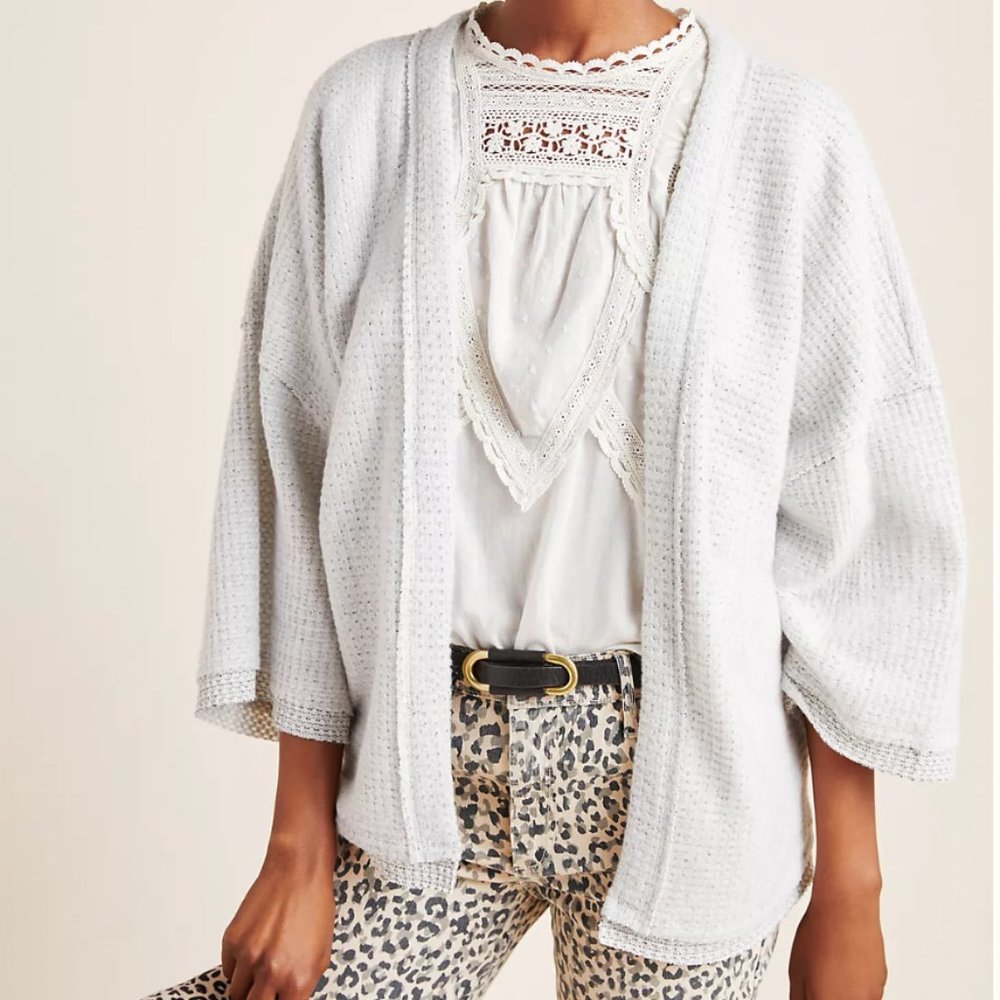 Maeve Lia Hacci Cardigan Sweater S grey open front waffle texture with raw edges - Picture 1 of 10